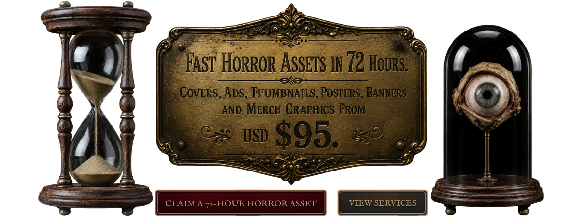 Fast Horror Assets in 72 Hours. Covers, ads, thumbnails, posters, banners and merch graphics from USD $95.