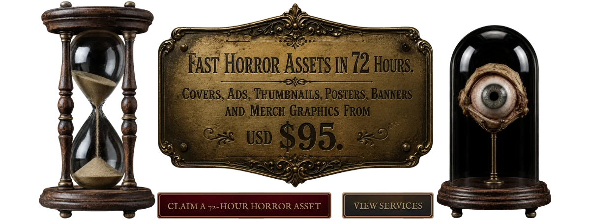 Fast Horror Assets in 72 Hours. Covers, ads, thumbnails, posters, banners and merch graphics from USD $95.