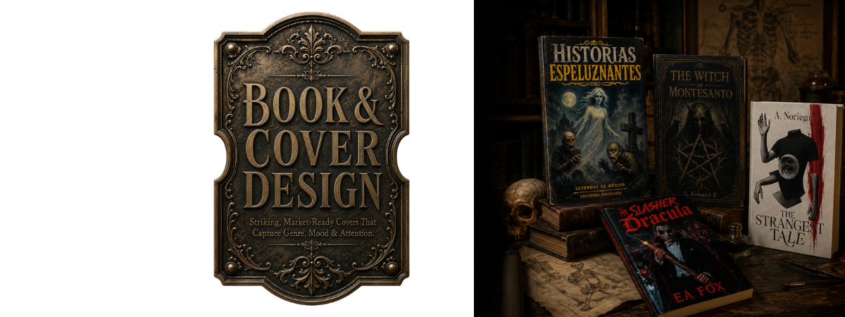 Book and cover design for horror authors, KDP launches and collector editions.