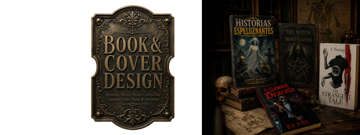Book and cover design for horror authors, KDP launches and collector editions.