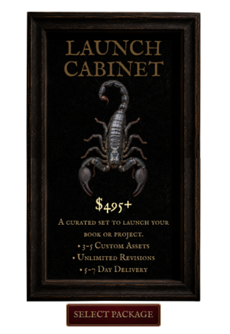 Launch Cabinet USD $495+. 3-5 custom assets, unlimited revisions, 5-7 day delivery.