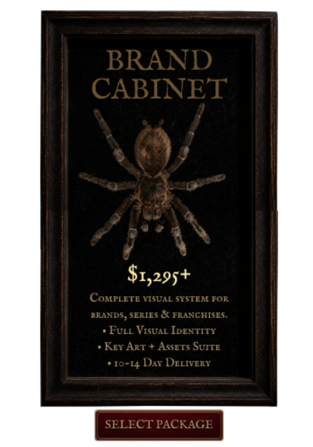 Brand Cabinet USD $1,295+. Full visual identity, key art + assets suite, 10-14 day delivery.