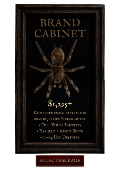 Brand Cabinet USD $1,295+. Full visual identity, key art + assets suite, 10-14 day delivery.