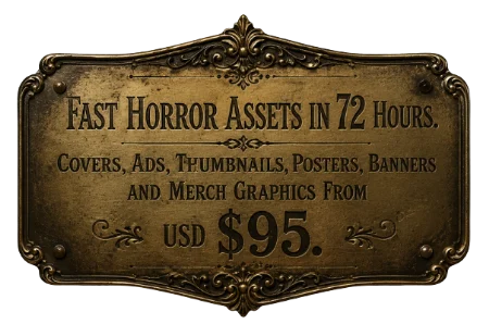 Fast Horror Assets in 72 Hours. Covers, ads, thumbnails, posters, banners and merch graphics from USD $95.